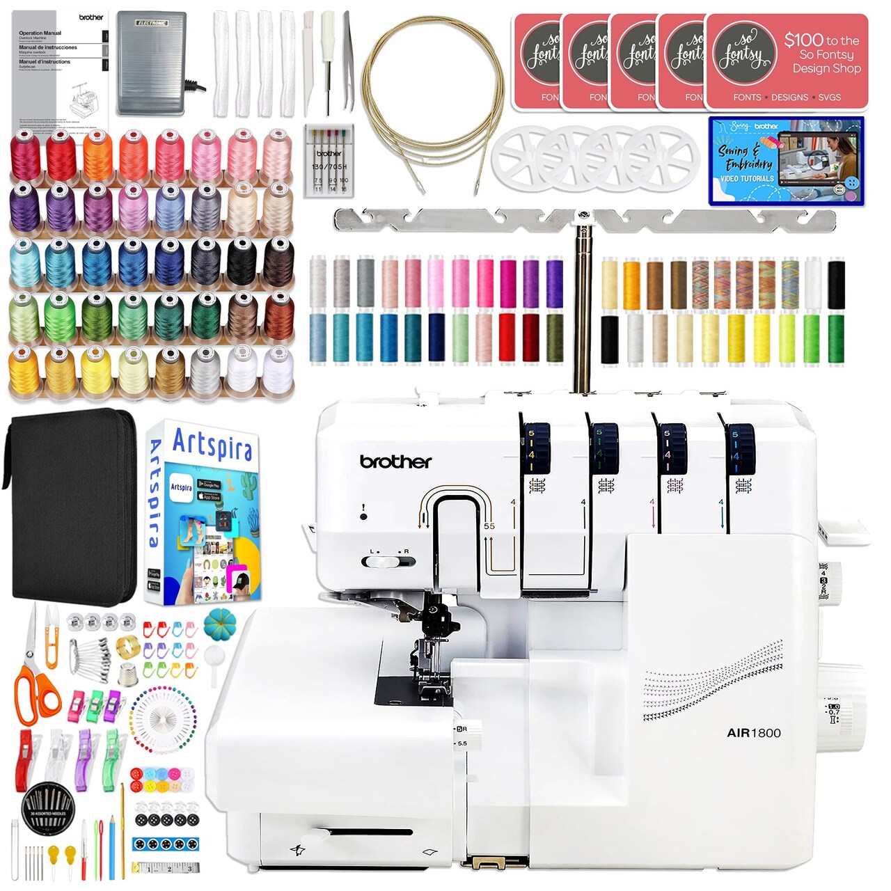 Brother Air1800 Air Serger with Jet-Air Threading with 83 Spools & 200+ Accessories